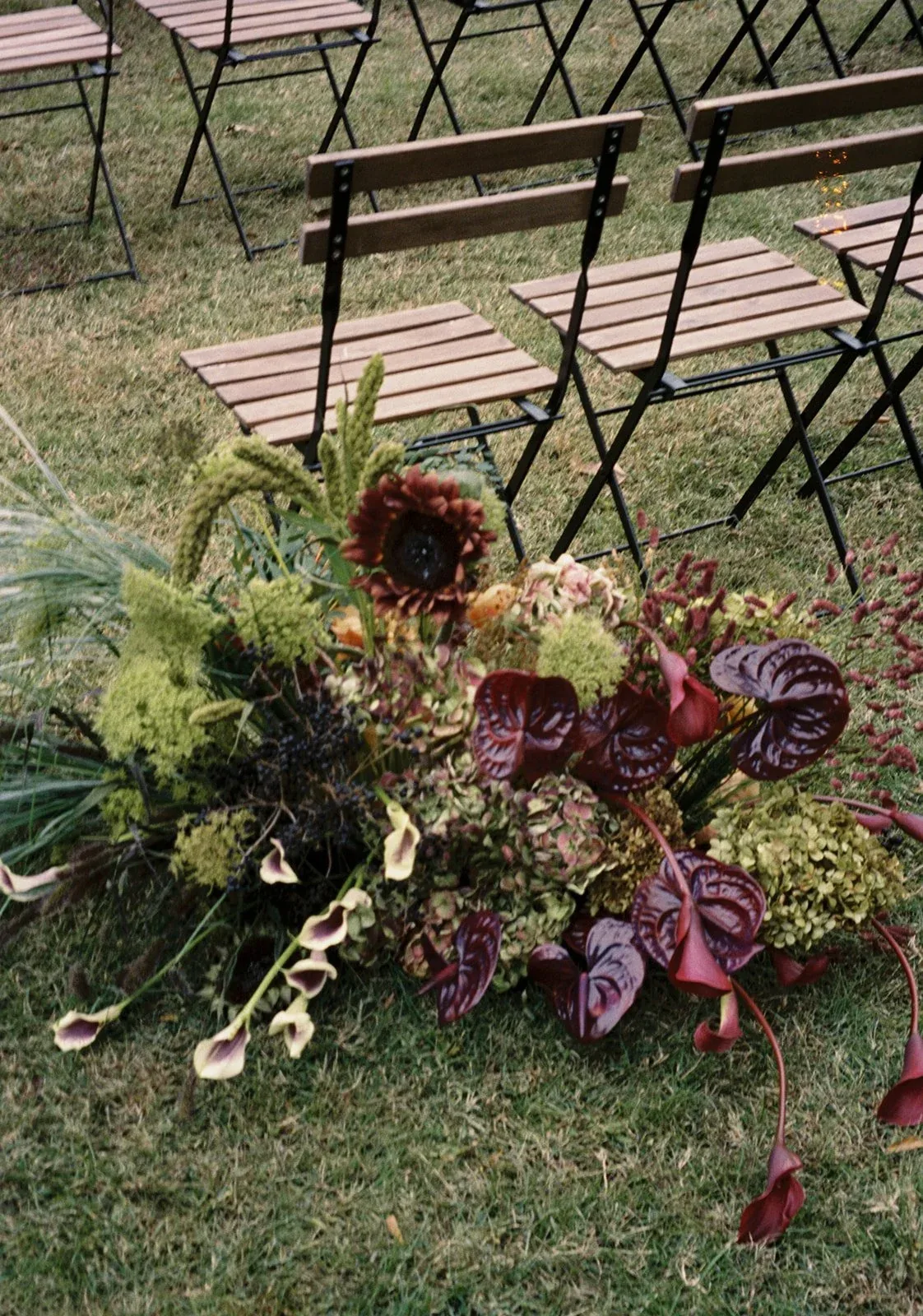 Burgundy anthurium, sunflower and calla lilies beside ceremony chairs
